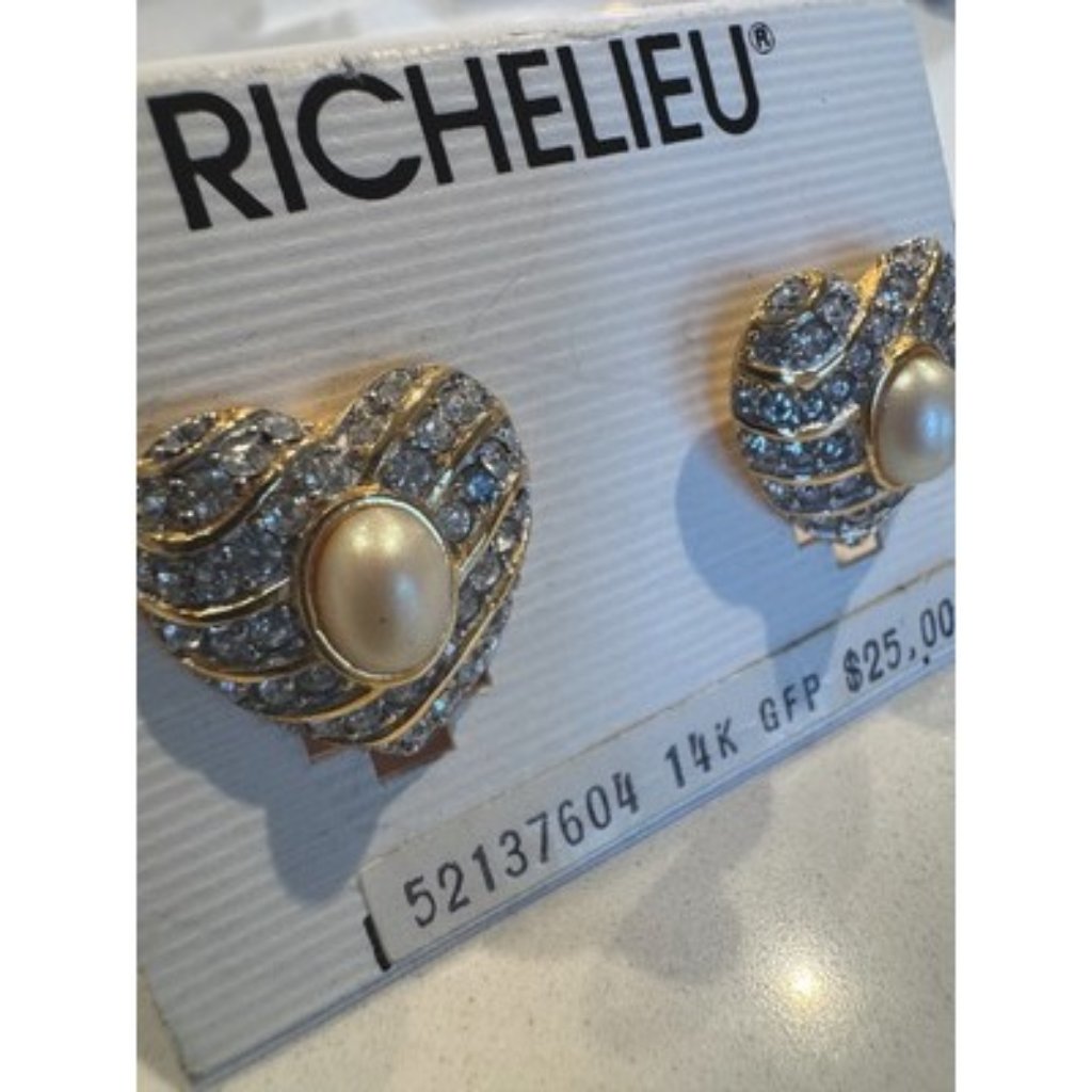 Earrings Chunky Statement 80s Heart Richelieu Faux Pearl 18k Gold Plated Nwt